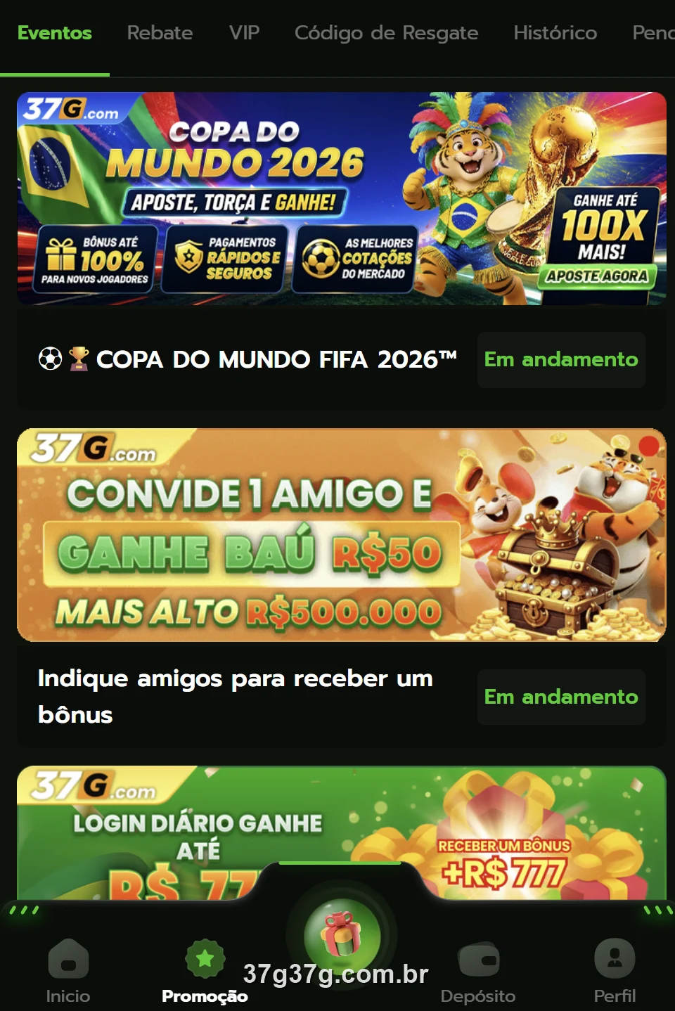 Tela de promoções e Copa 2026 do 37G