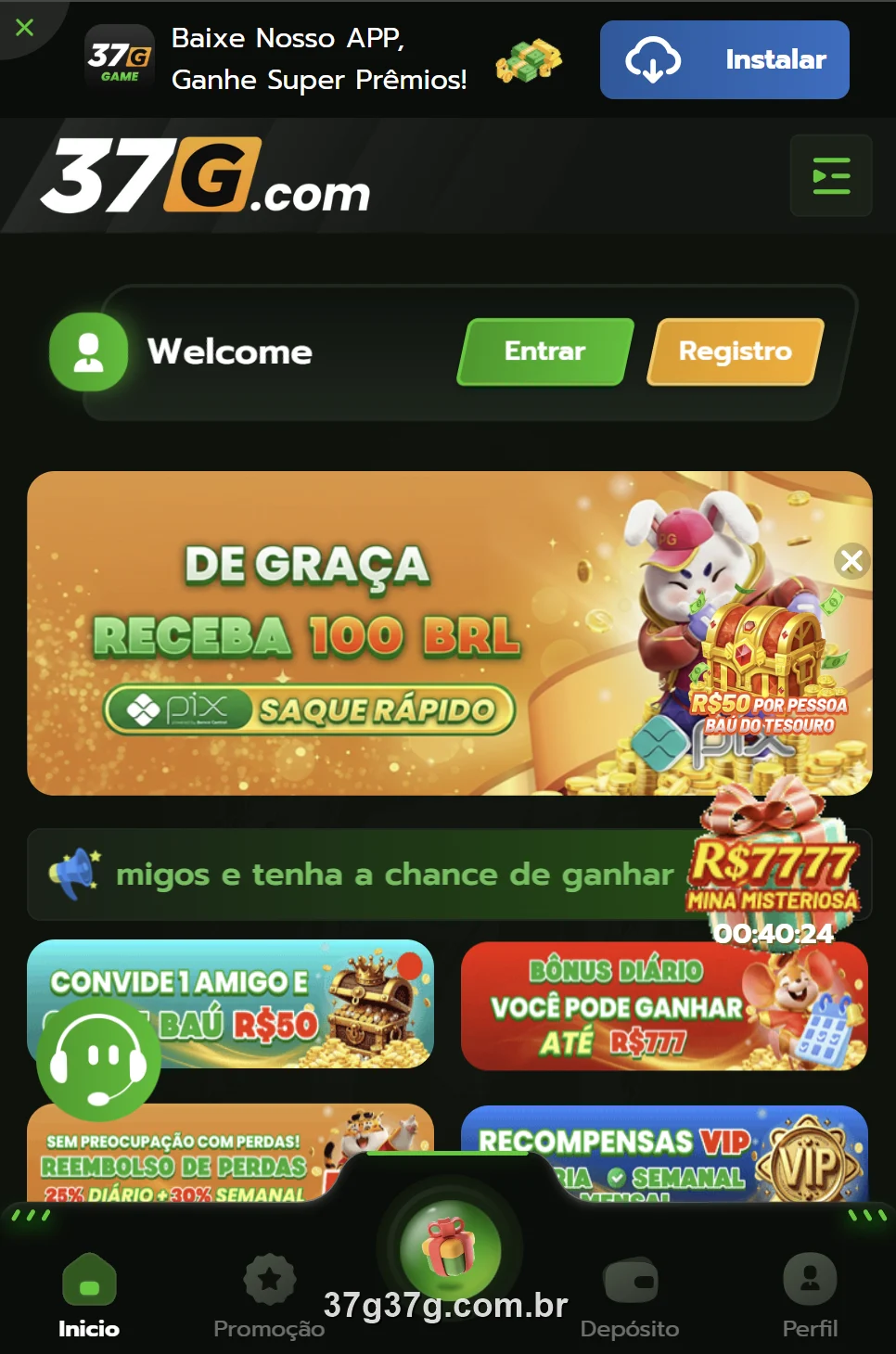 Tela inicial do app 37G com bônus de boas-vindas
