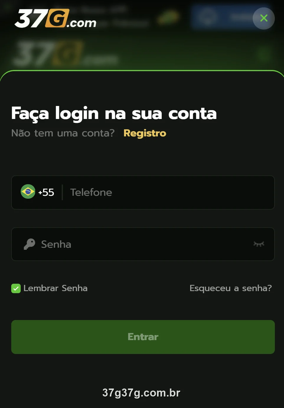 Tela de login e cadastro do 37G